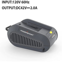 Bottom view of the battery charger showing mounting slots and technical specifications label.