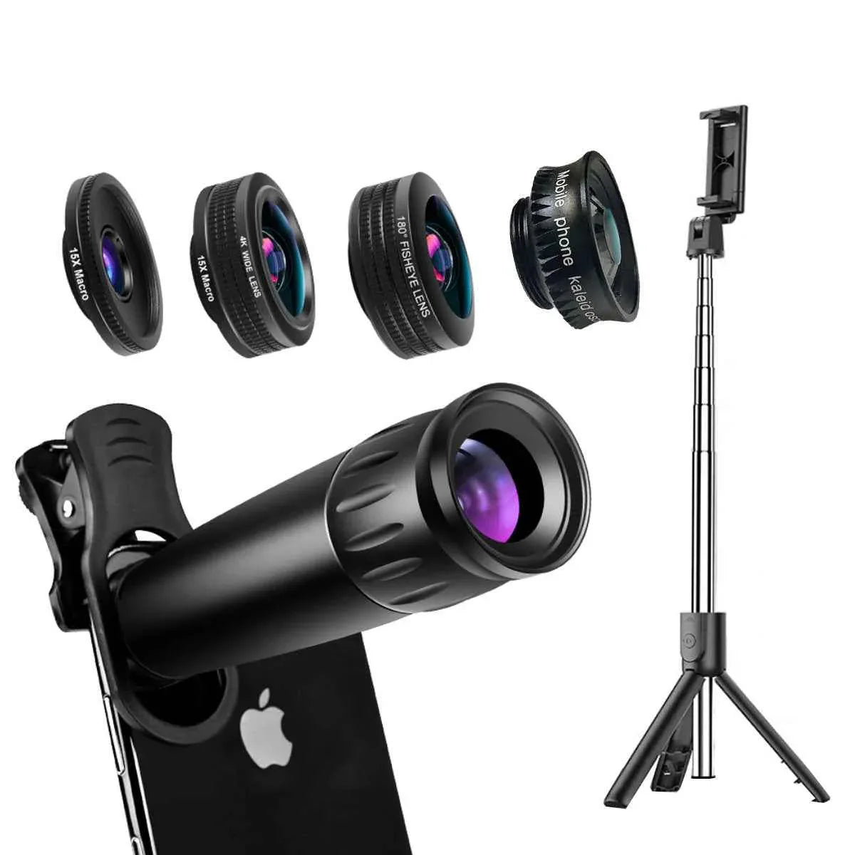 A 12-piece photography bundle with 4K camera, lenses, tripod, and accessories displayed on a white table.