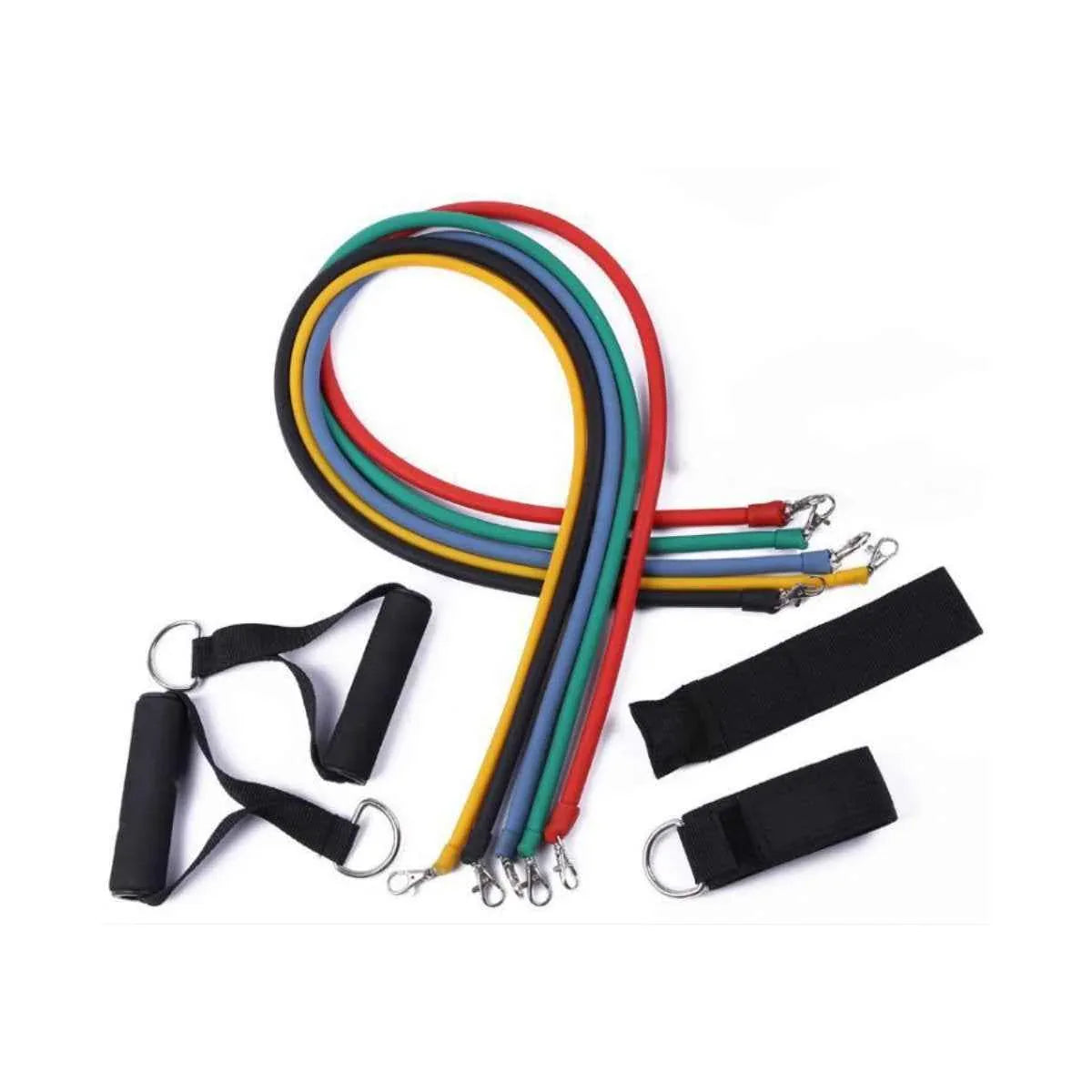A set of colorful resistance bands with handles, ankle straps, and a door anchor for home workouts.