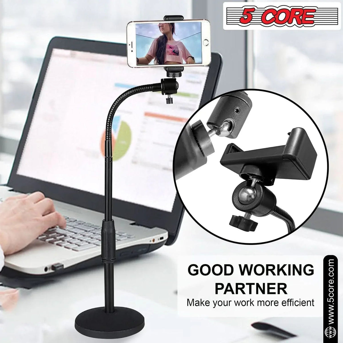 Black metal scissor arm phone stand with round base displayed on white background.