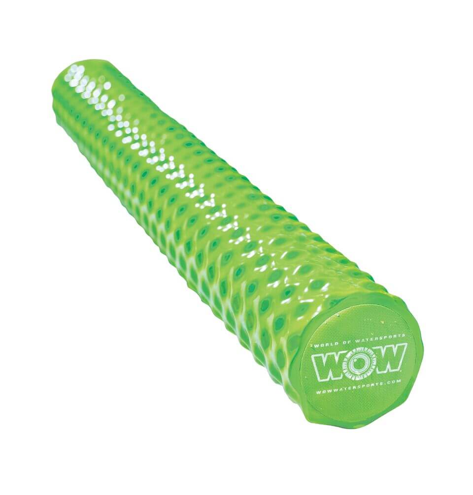 Close-up of lime green ribbed foam pool noodle with soft texture for grip and flotation.