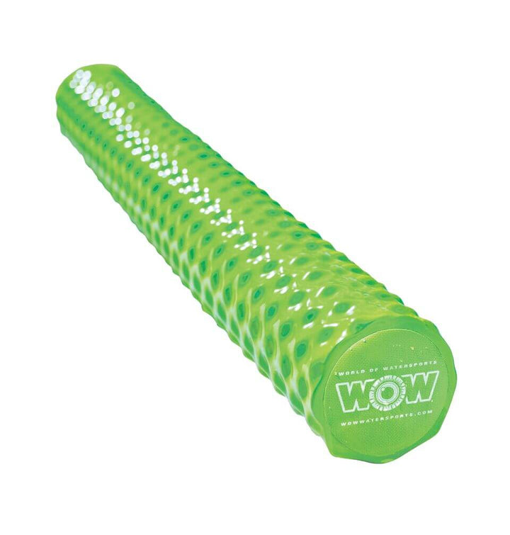 Close-up of lime green ribbed foam pool noodle with soft texture for grip and flotation.
