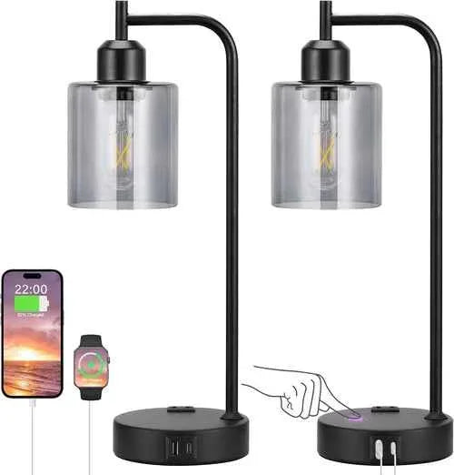 3-Way Dimmable USB Table Lamps With Gray Glass Shade Pair