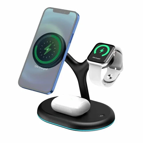 Top view of the black wireless charger featuring integrated pads for phone, watch, and headset charging.