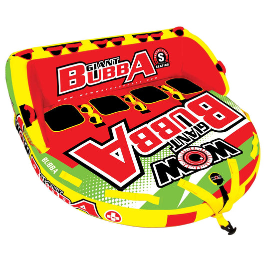 Yellow and orange Bubba towable tube floating on water with black and gray trim.