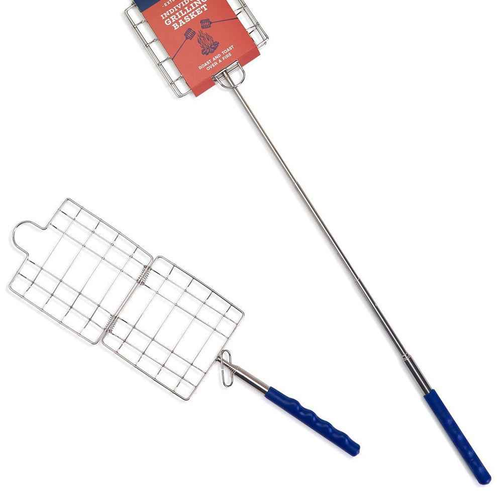 Grilling Basket hinged design securely holding food for grilling over a fire