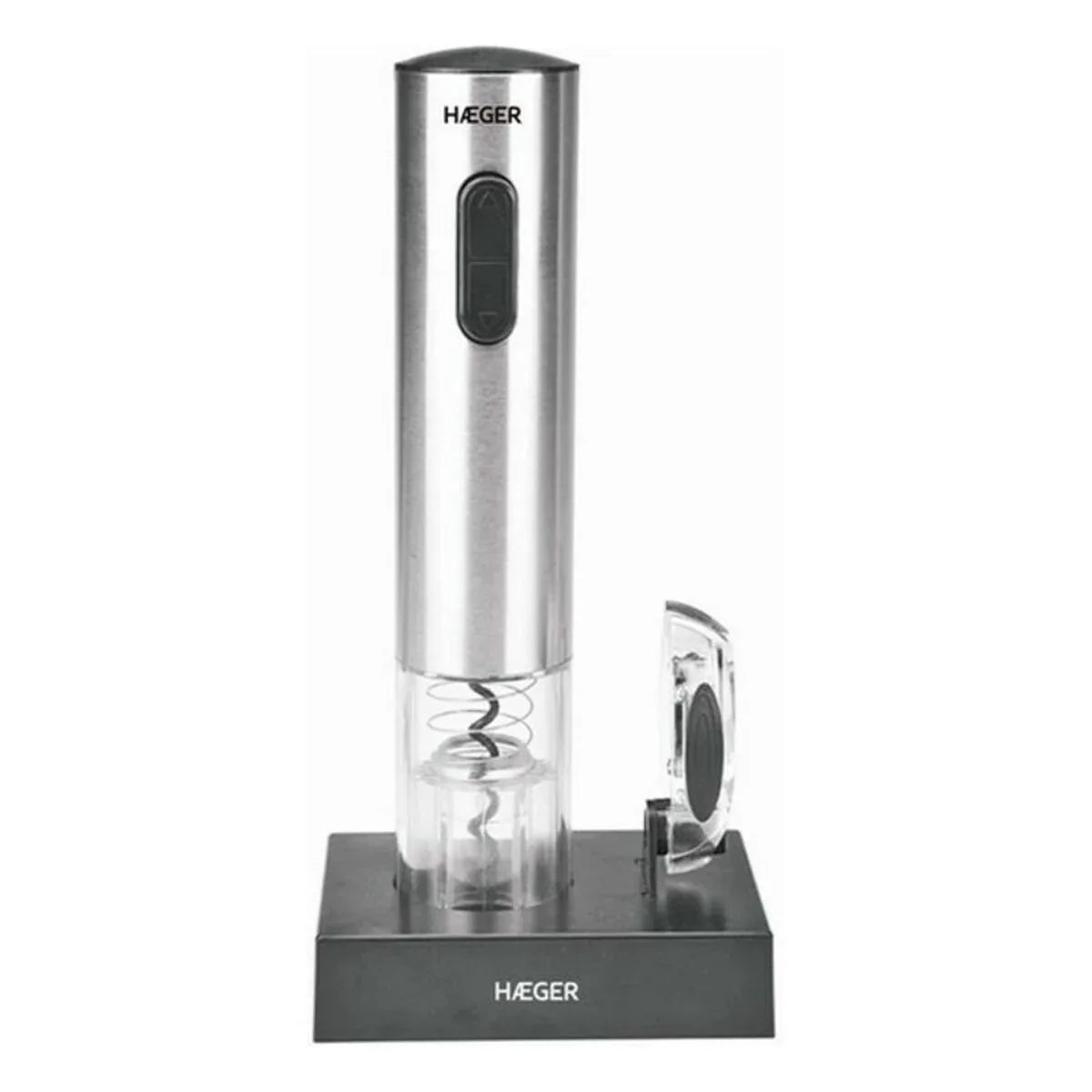 Electric corkscrew standing upright on its black charging base with stainless steel details.