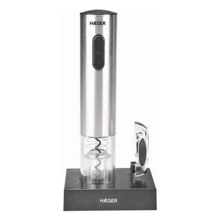 Black electric corkscrew with stainless steel spiral and LED charge indicator on a white background.