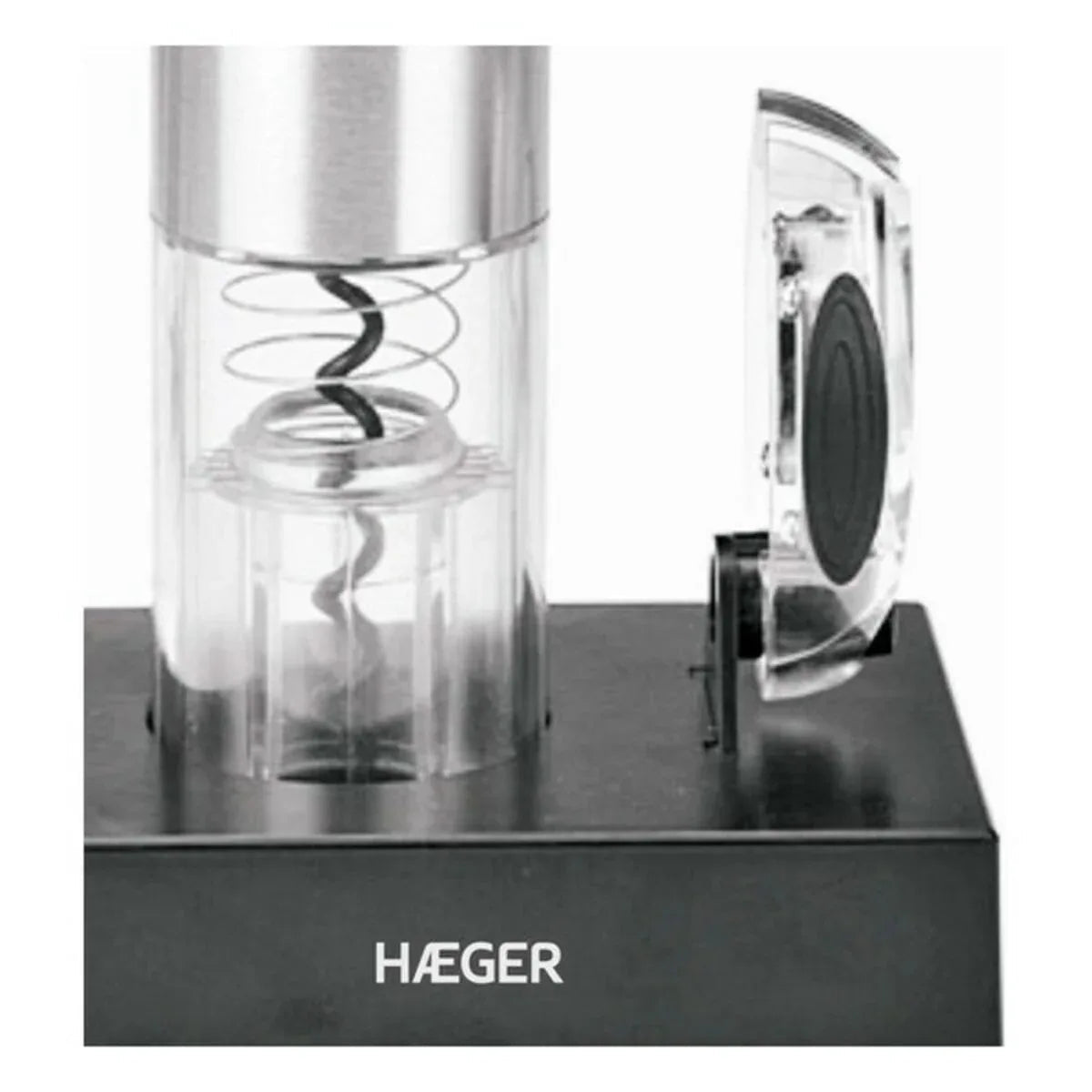 Electric corkscrew with its charging base showing LED indicator light and sleek design.