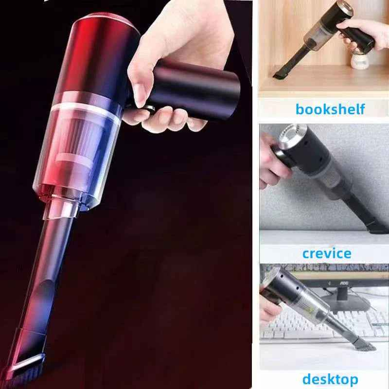 A compact, cordless handheld vacuum cleaner in white, designed for easy cleaning in cars or small spaces.