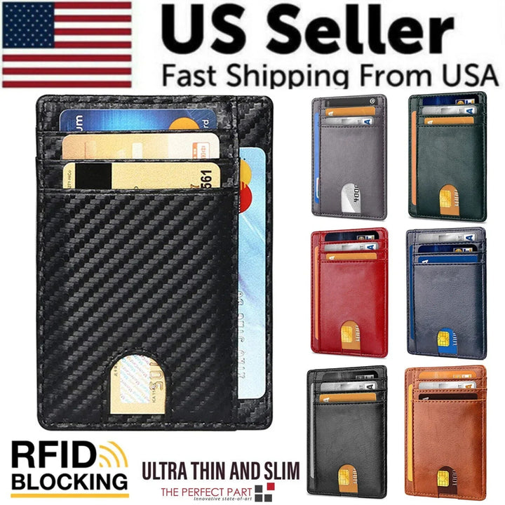 Mens Leather Slim Wallet Credit Card Holder RFID Blocking Pocket ID - Snagva