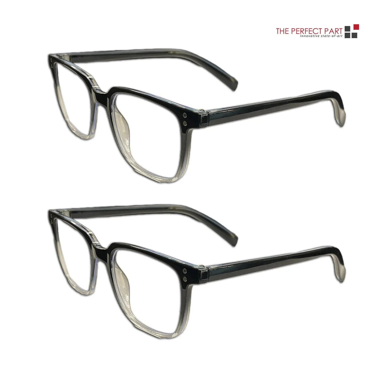 Set of two unisex reading glasses with black frames, designed for blue light protection while using computers.