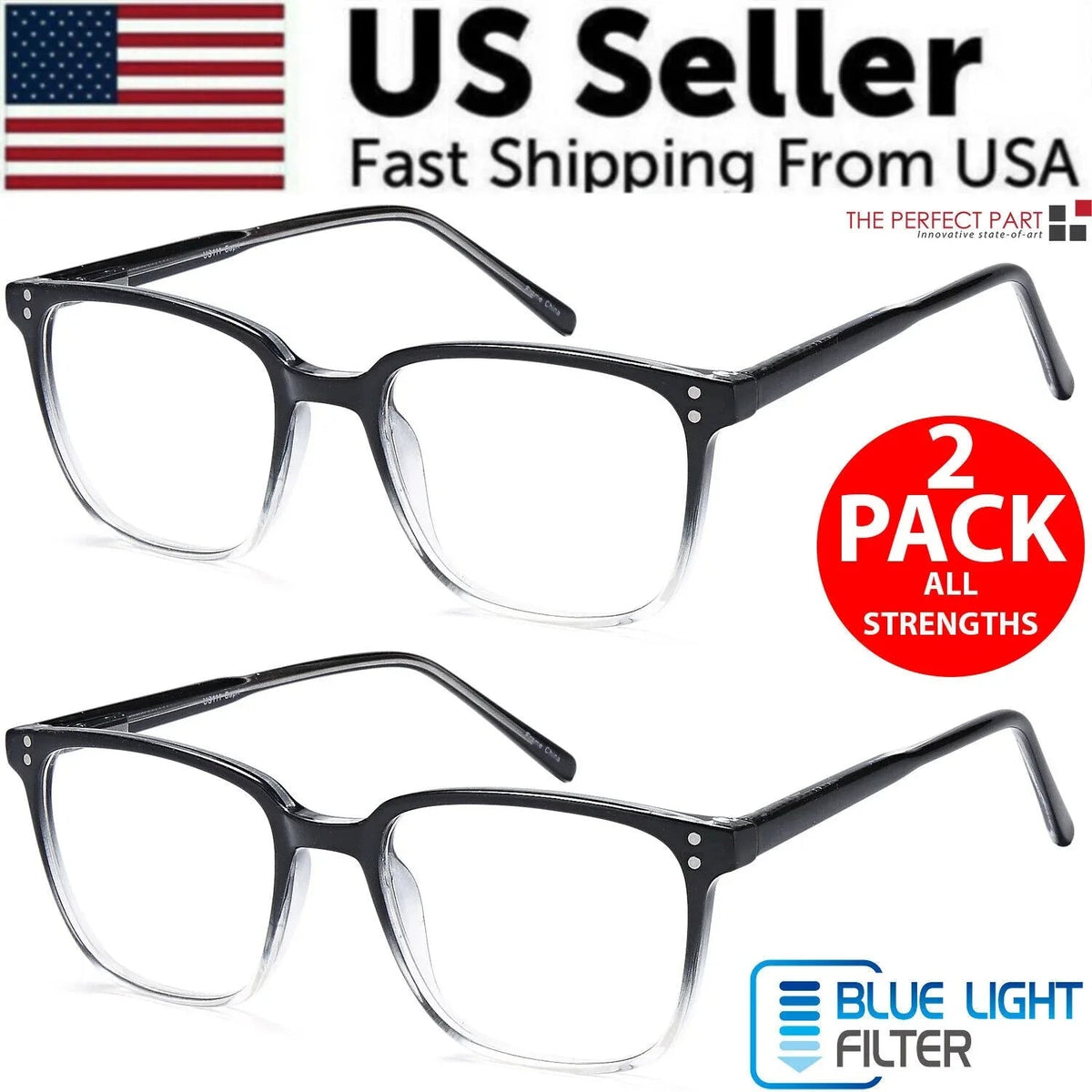 Unisex blue light blocking glasses shown next to digital devices like smartphone and tablet.