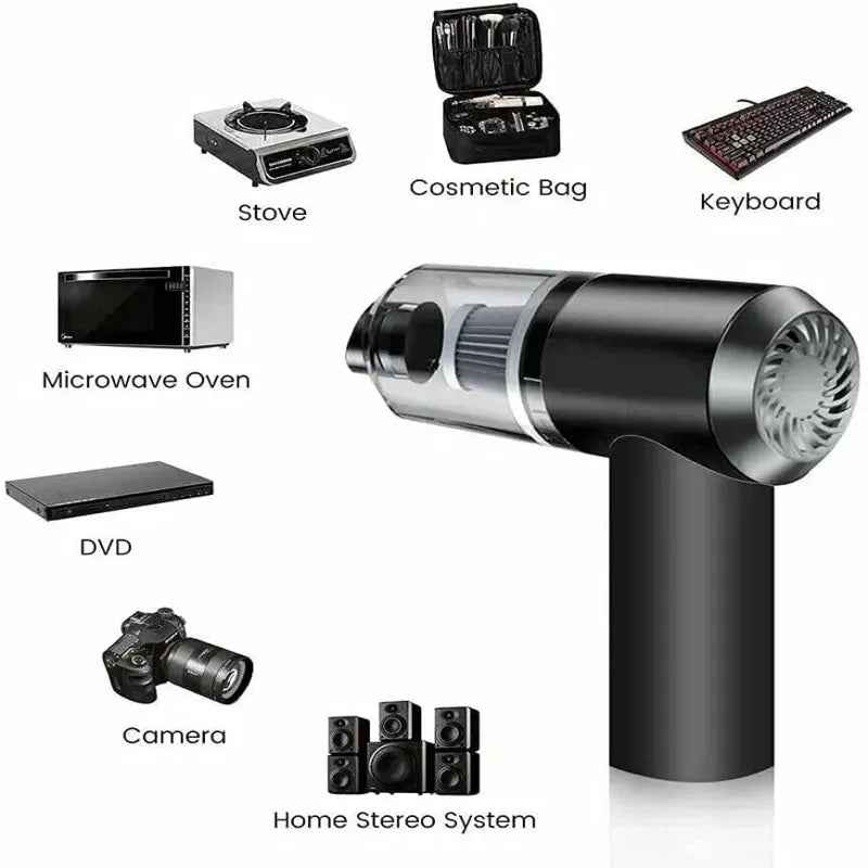 A compact, cordless handheld vacuum cleaner in black, designed for easy cleaning of cars and small spaces.