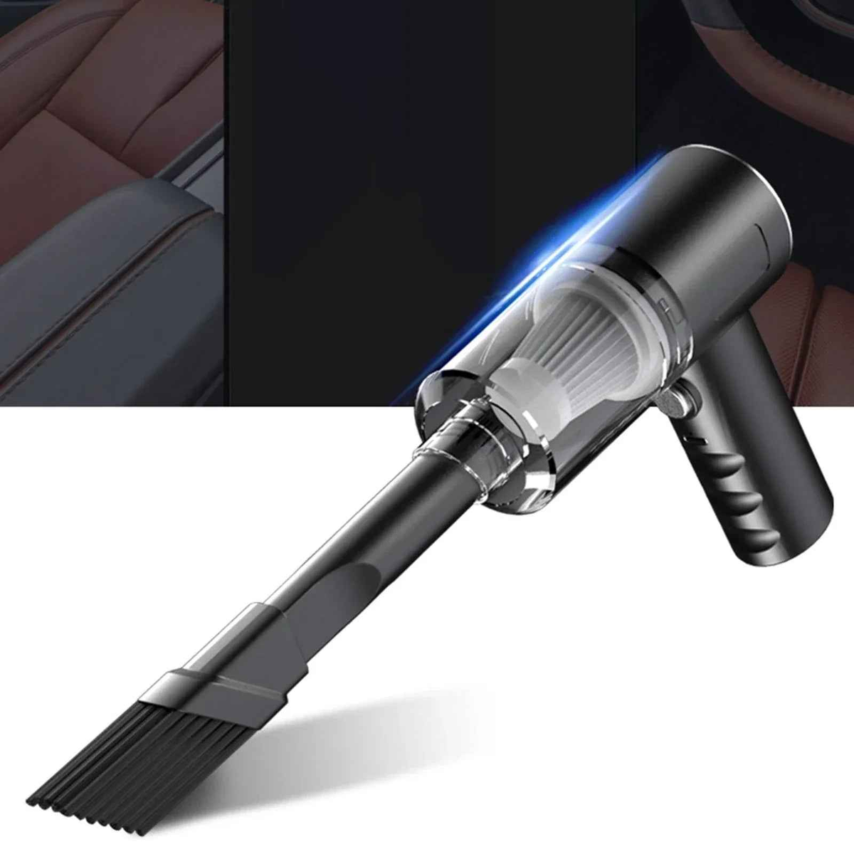 A compact, cordless handheld vacuum cleaner with a slim nozzle, designed for quick car or home cleaning tasks.
