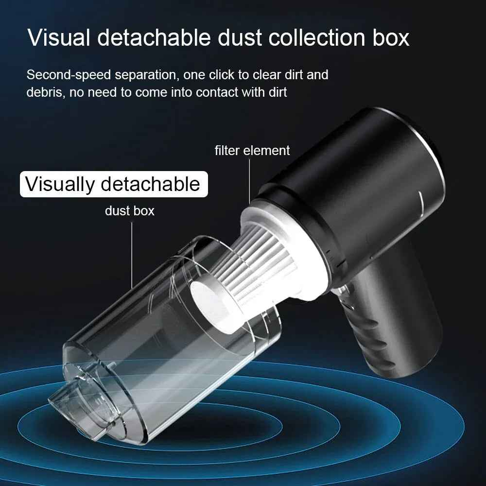 A person uses a compact, cordless handheld vacuum to clean crumbs from a car seat.