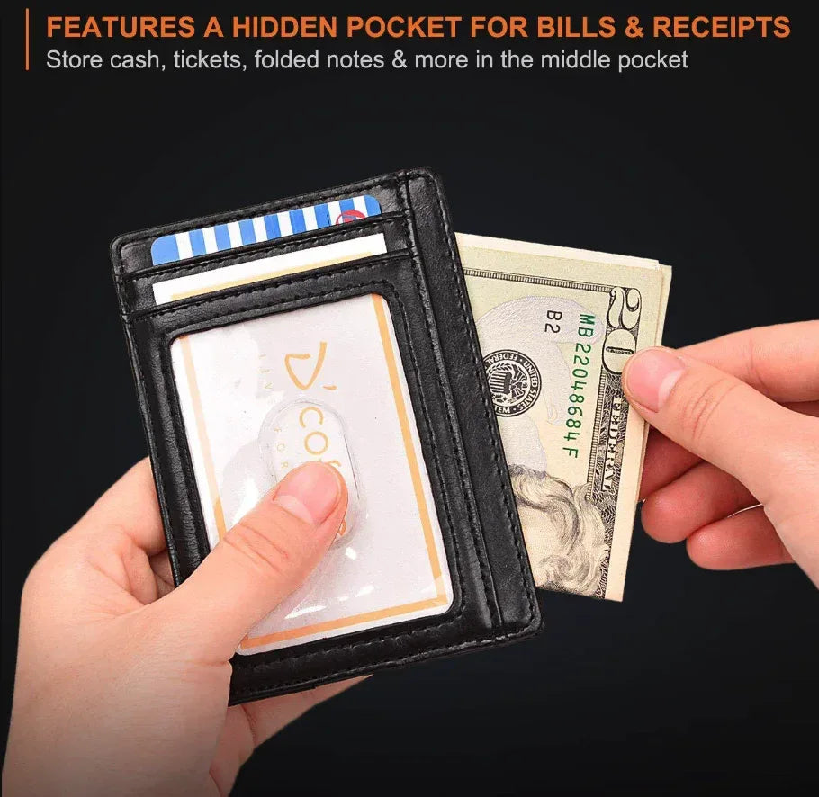Mens Leather Slim Wallet Credit Card Holder RFID Blocking Pocket ID - Snagva