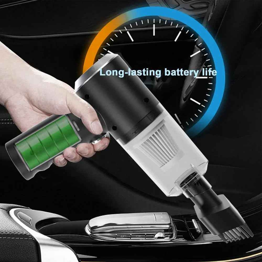 A compact, cordless handheld vacuum cleaner with a sleek black design, ideal for cleaning cars and small spaces.