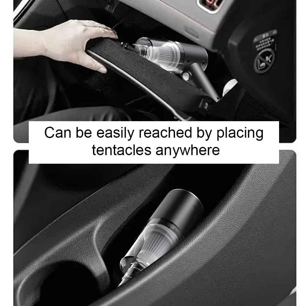 A compact, cordless handheld vacuum cleaner in silver, designed for easy cleaning of cars and small spaces.