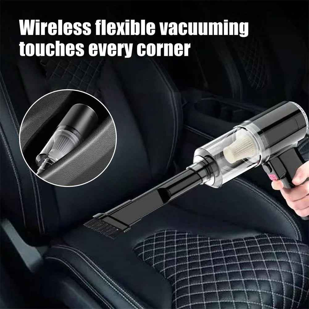 Compact, cordless handheld vacuum cleaner shown with attachments, designed for car and small space cleaning.