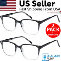 Close-up of blue light blocking reading glasses with clear lenses and dark frames on white surface.
