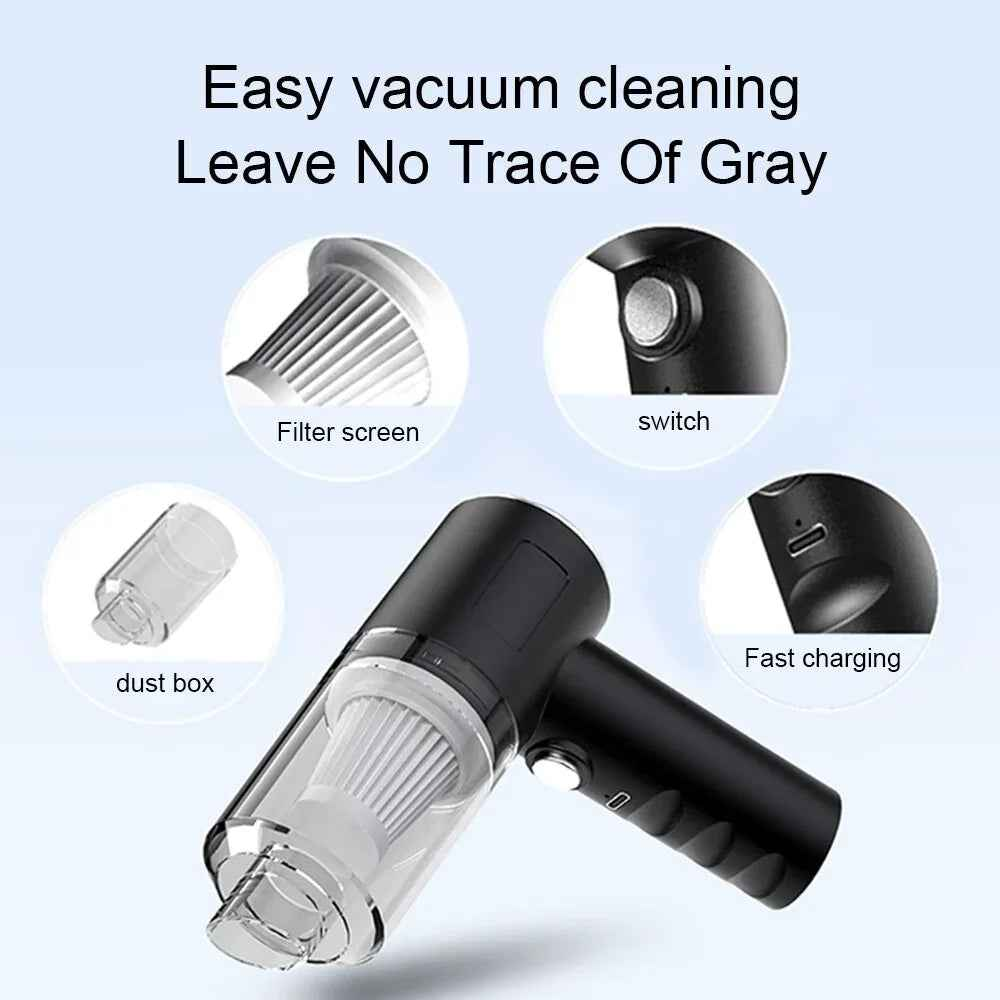 Compact cordless handheld vacuum cleaner in black, designed for easy cleaning in cars and small spaces.