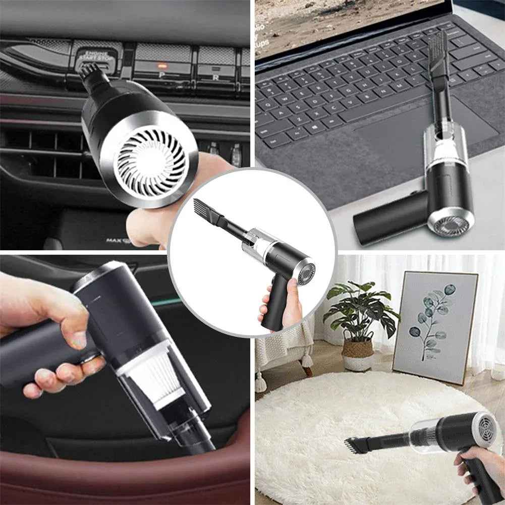 A person uses a compact, cordless handheld vacuum to clean crumbs from a car seat.