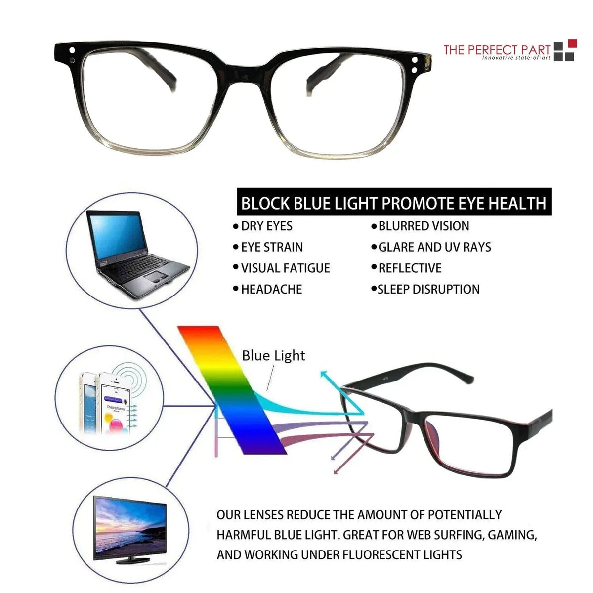Blue light blocking glasses shown from side angle highlighting flexible resin spring hinge frame.