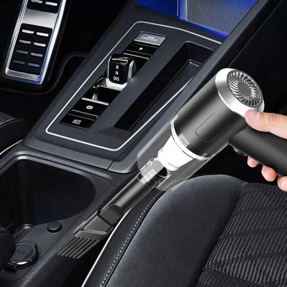 Compact cordless handheld vacuum cleaner in white, designed for easy cleaning of car interiors and small spaces.