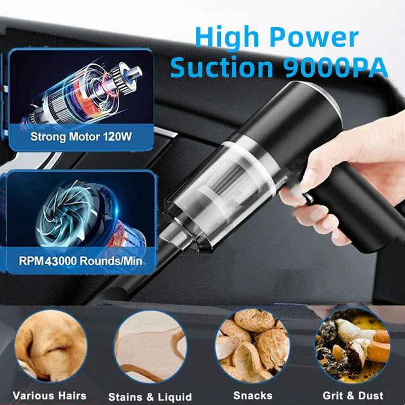 A compact, cordless handheld vacuum cleaner in black, designed for quick cleaning of cars and small spaces.