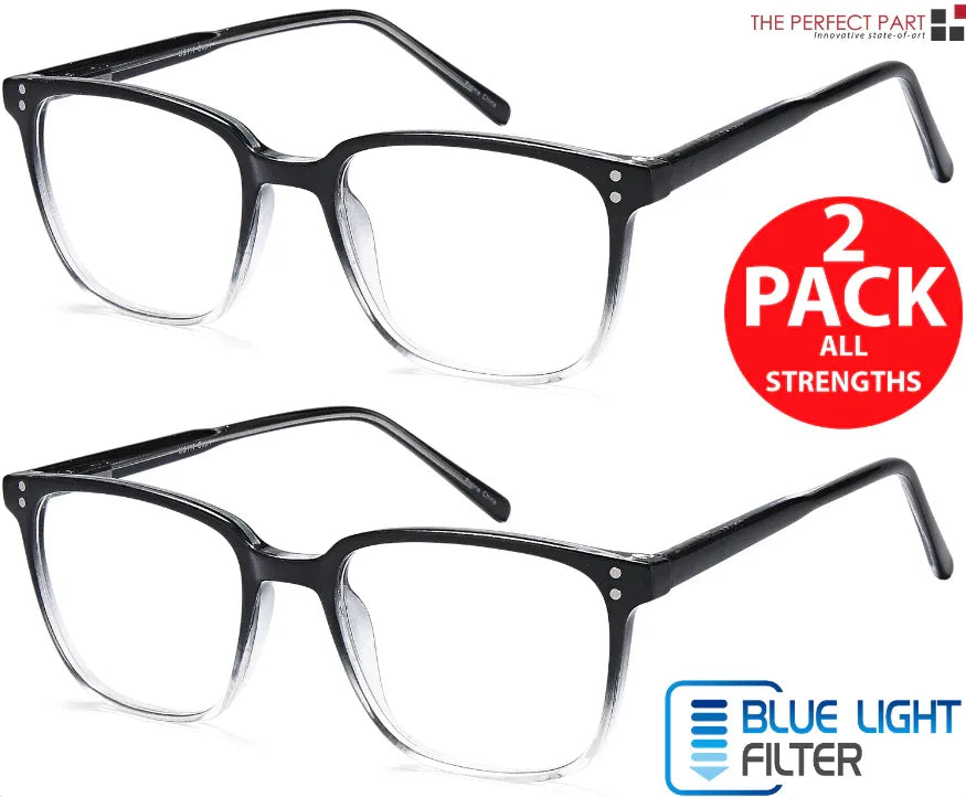 Packaging of two pairs of unisex blue light blocking reading glasses with product branding.