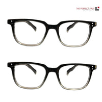 Pair of unisex reading glasses with clear lenses and black frames, designed to block blue light while using screens.