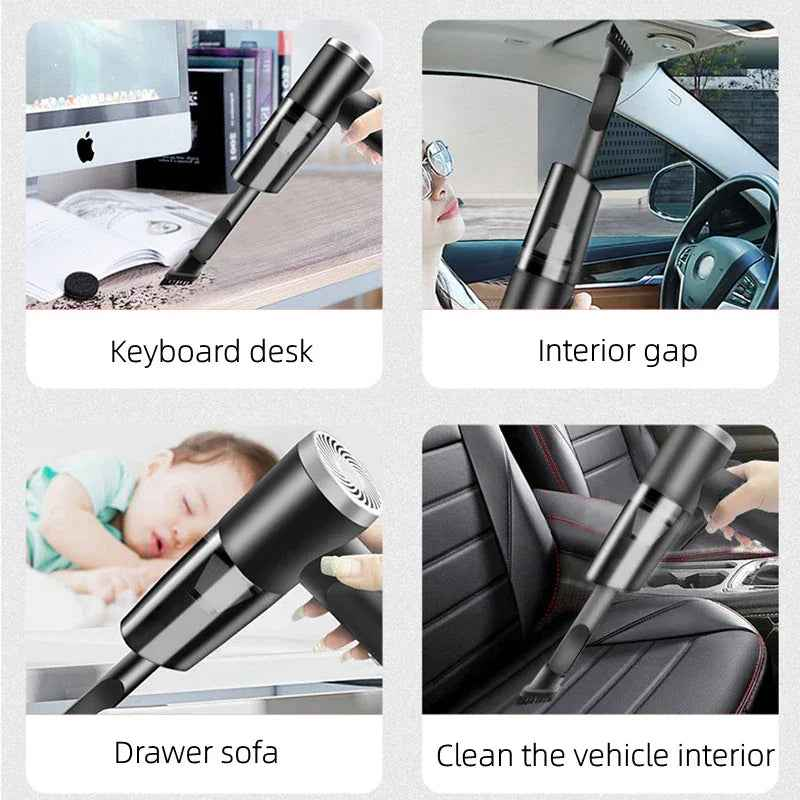 Compact cordless handheld vacuum cleaner in white, shown on a car seat ready for portable use.