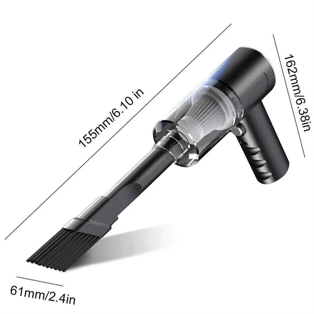 A compact cordless handheld vacuum cleaner with attachments, suitable for cleaning car interiors and small spaces.