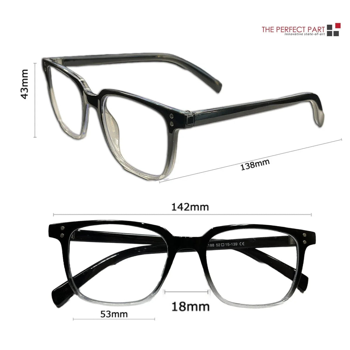 Two pairs of unisex reading glasses with clear lenses and dark frames, designed to block blue light from screens.