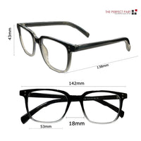 Two pairs of unisex reading glasses with clear lenses and dark frames, designed to block blue light from screens.
