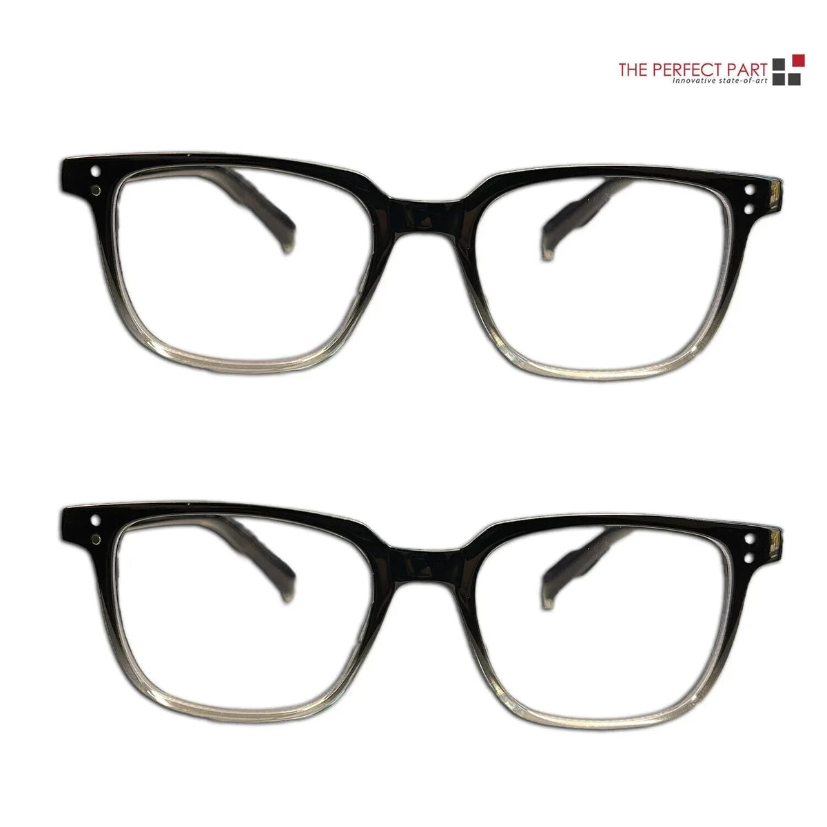 Close-up view of lenses of blue light blocking reading glasses showing UV400 protection label.