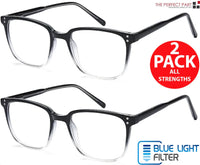 Two pairs of unisex reading glasses with clear lenses designed to block blue light, displayed on a white background.