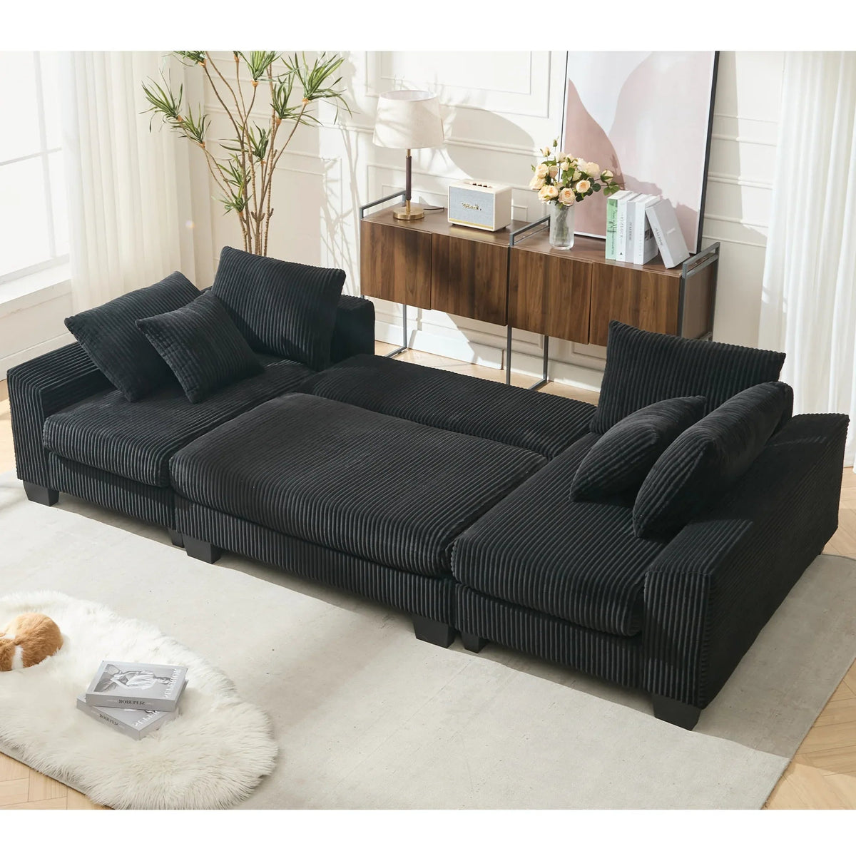 Close-up of sofa frame materials and construction details for the U-shaped sleeper sofa.