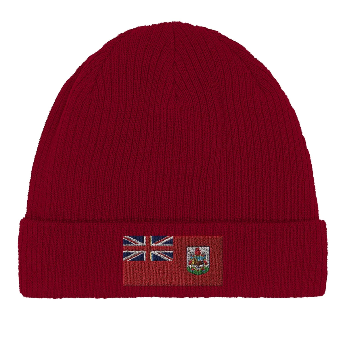 Green cotton beanie folded flat, displaying Bermuda flag emblem