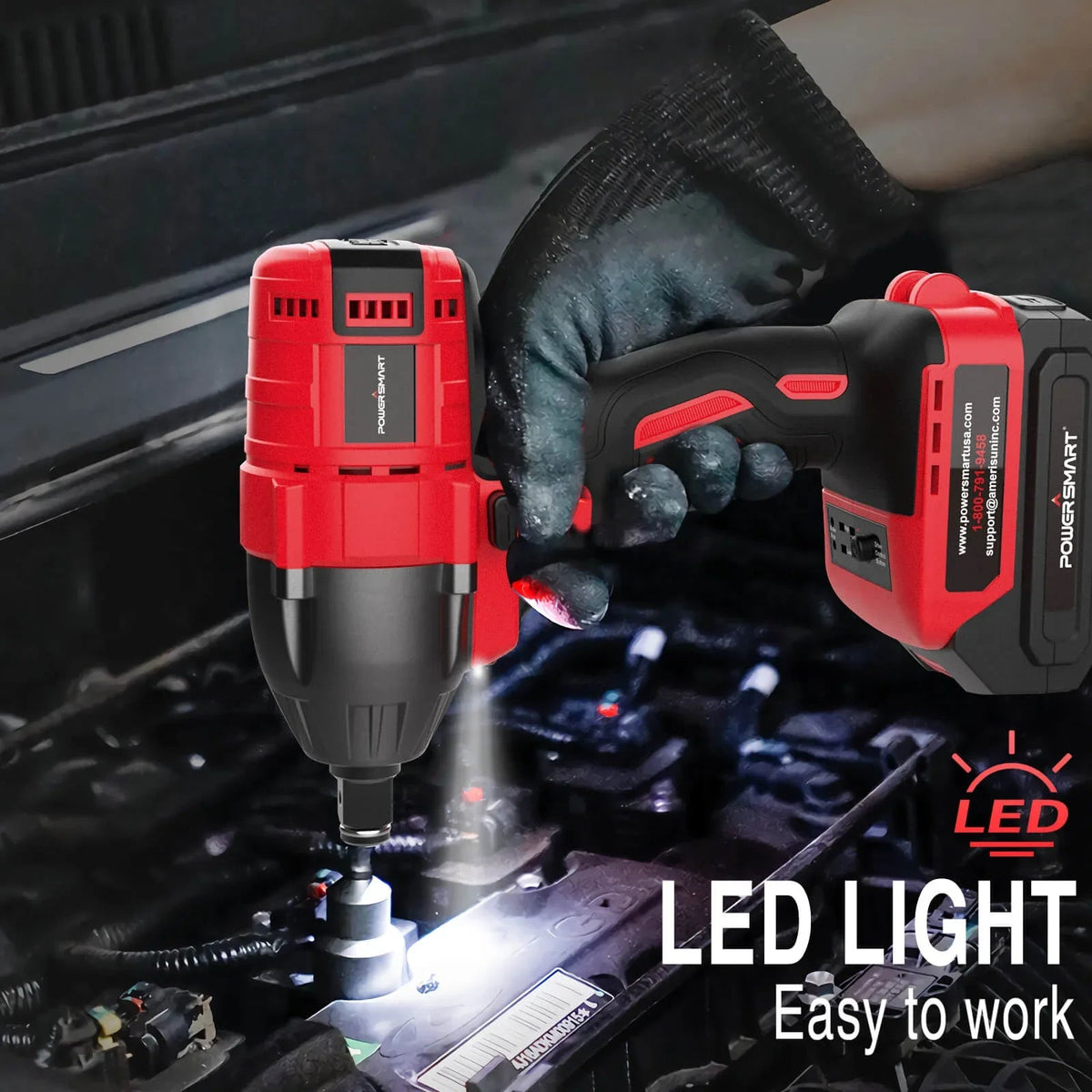 Charger unit for 20V cordless impact wrench battery with indicator lights.