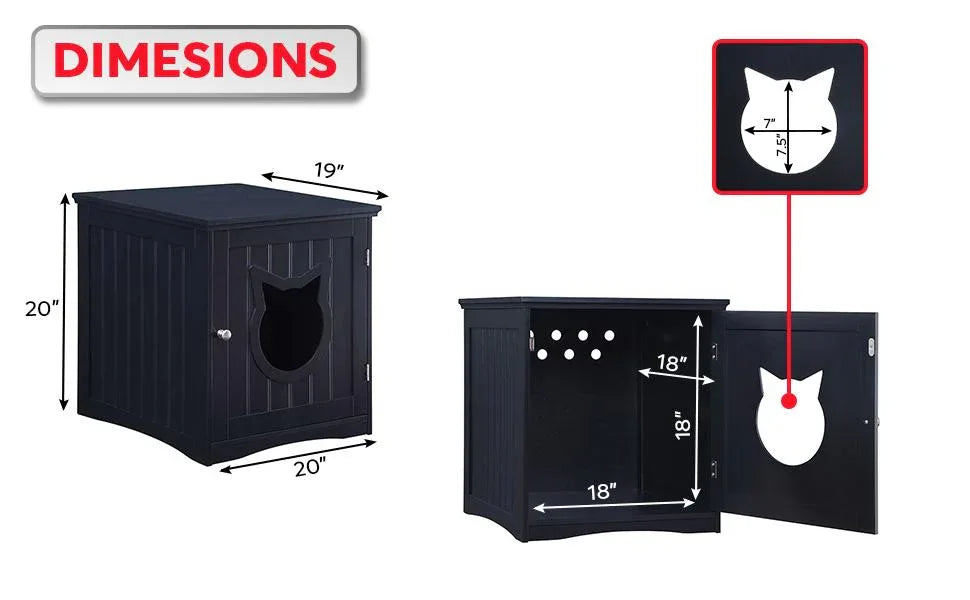 Dark wood cat house nightstand close-up showing decorative cut-out cat door on front panel.