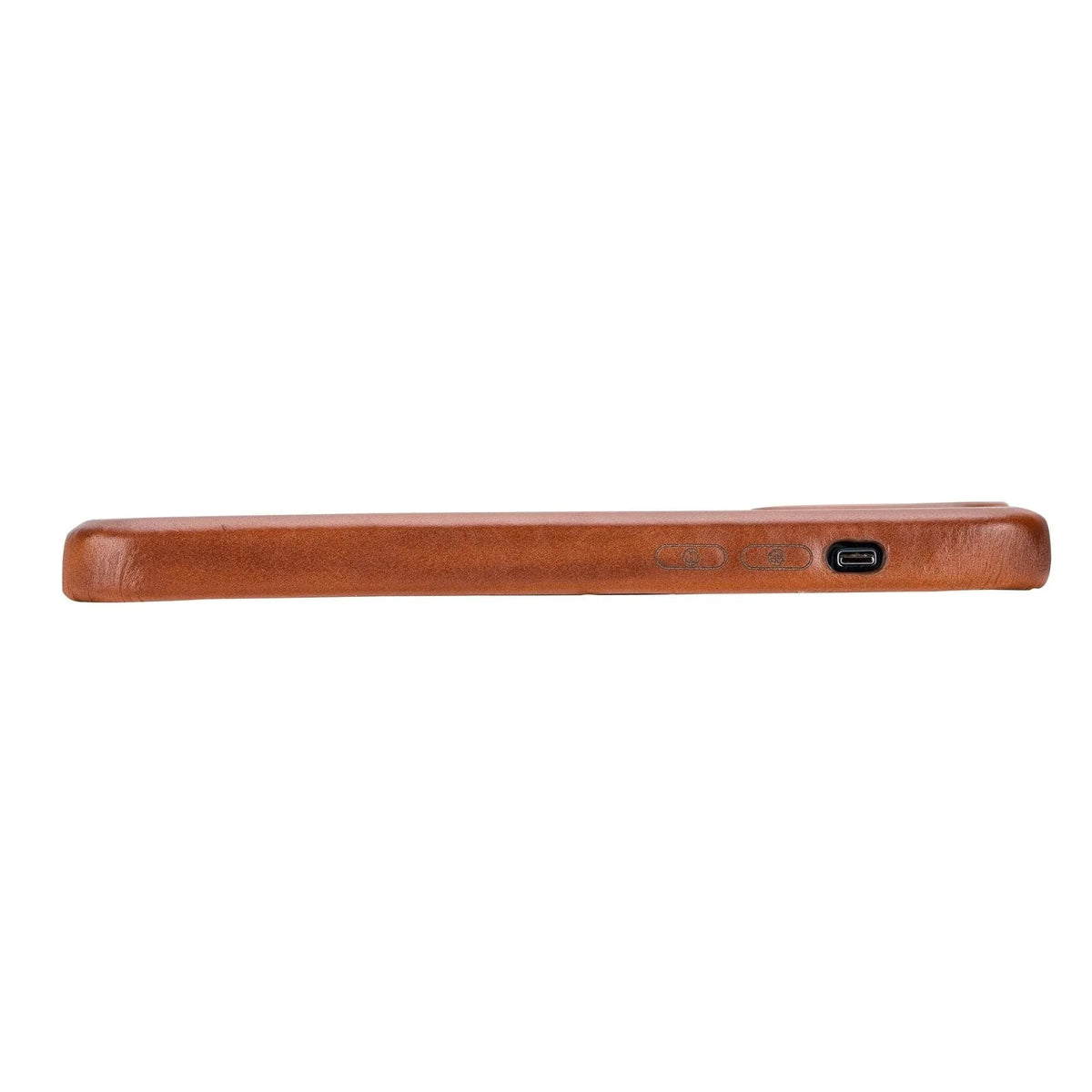 Brown leather case with snap-on feature beside an iPhone 11 on a white surface.