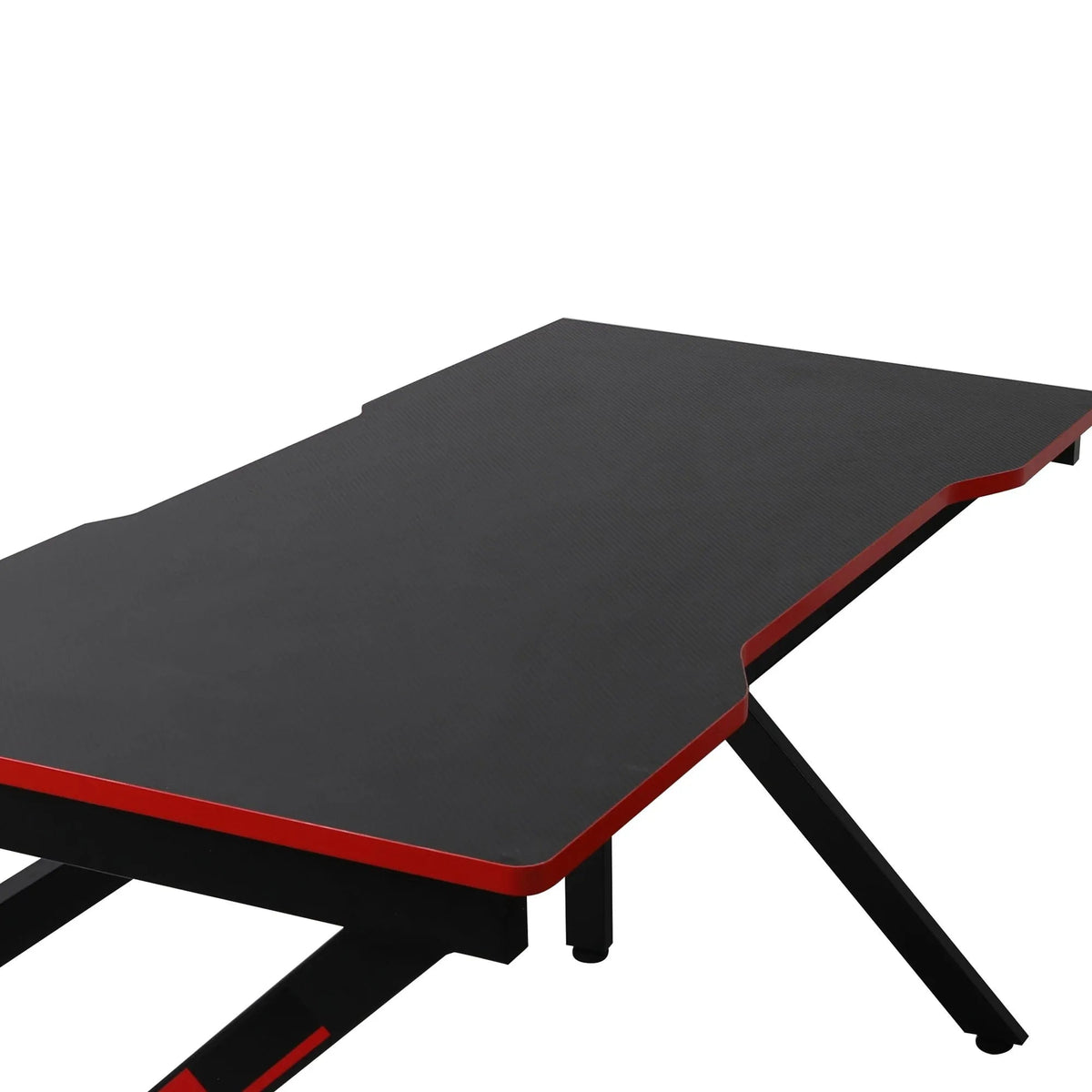 Underneath view showing reinforced braces and floor protectors on gaming desk.