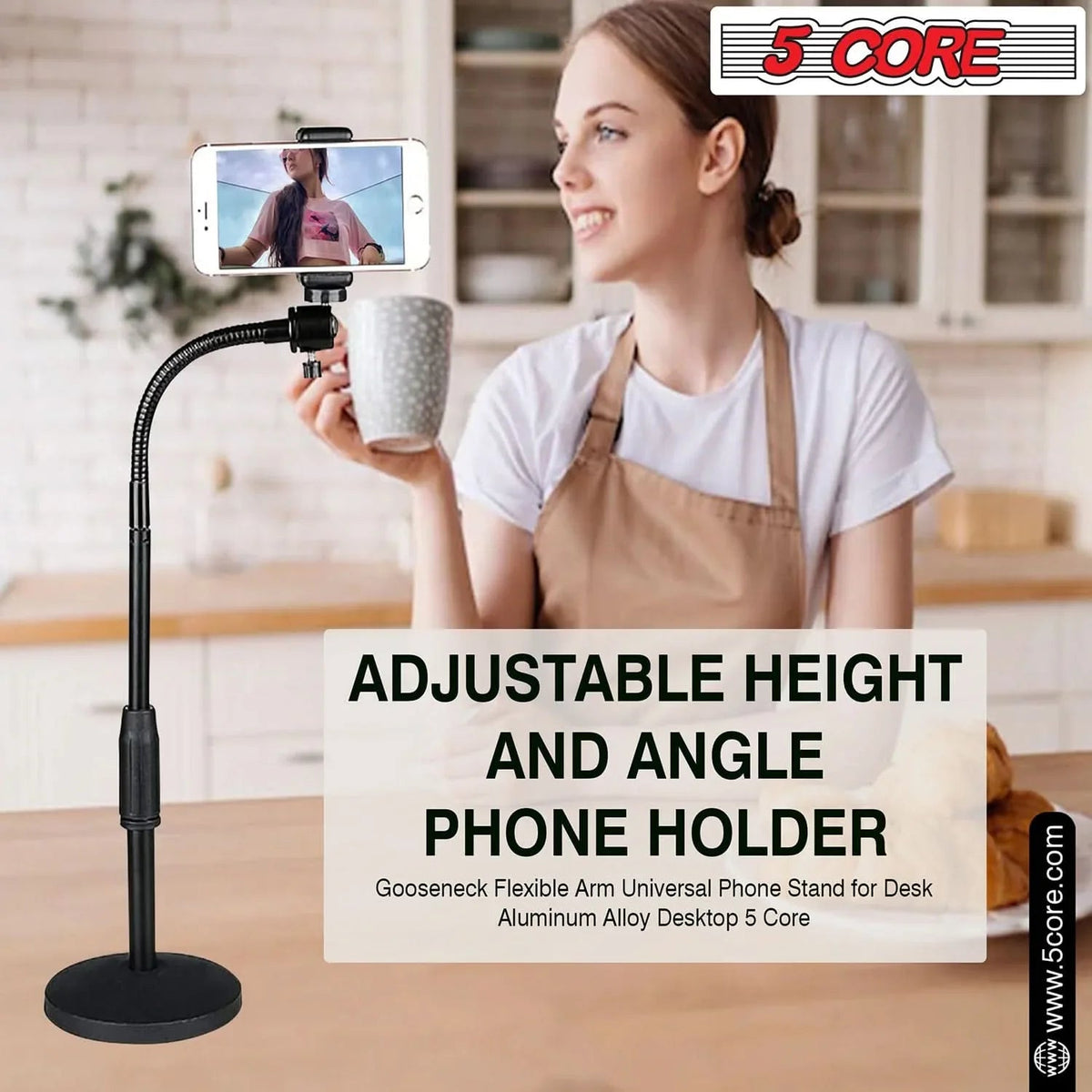 Phone holder clamp on adjustable arm with smartphone in use showing stable position.