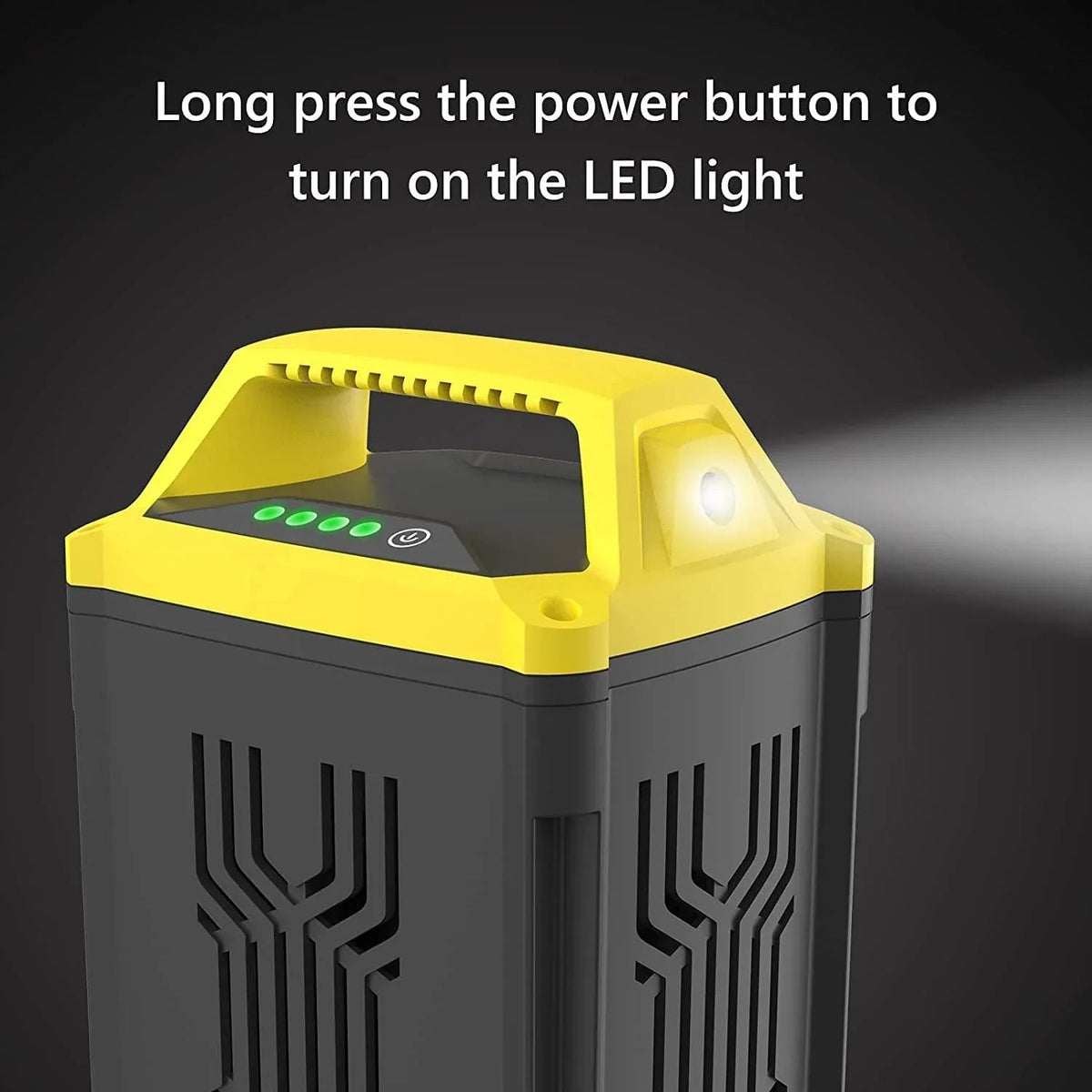 Battery pack with branding and technical specifications visible on the housing.