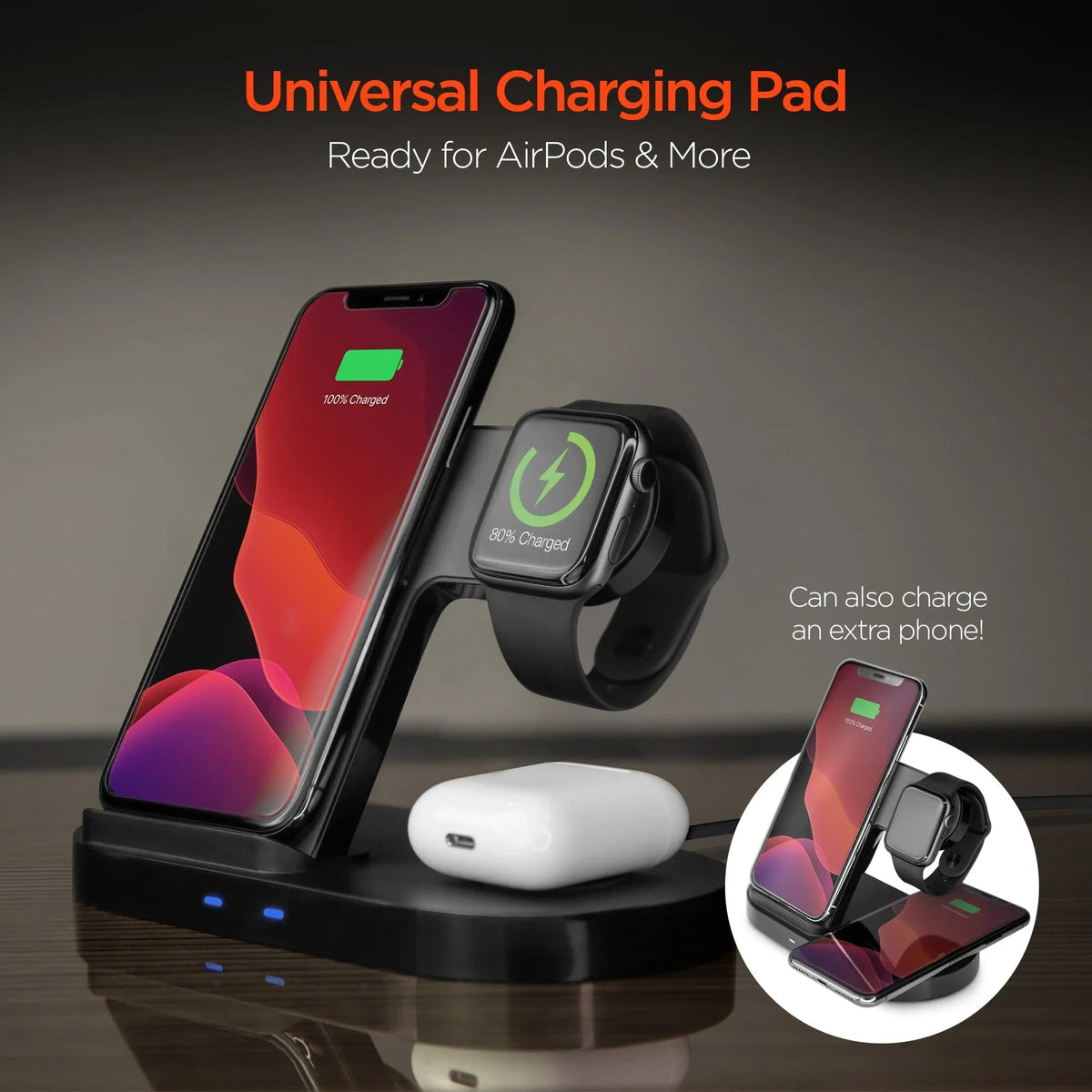 Front view of the wireless charging dock highlighting universal charging pad and Apple Watch mount.