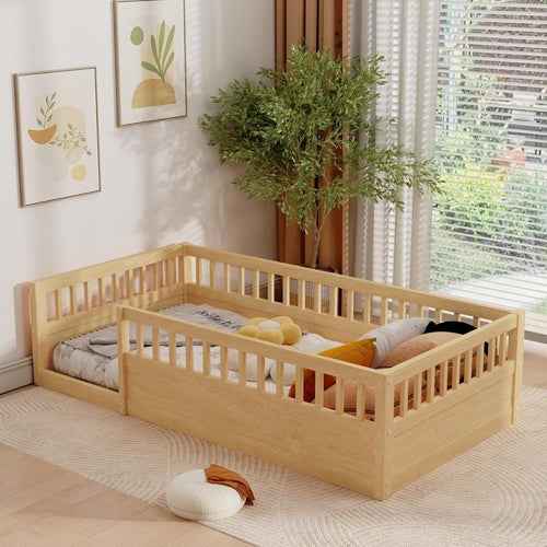 Twin Montessori Floor Bed With High Safety Rails Natural