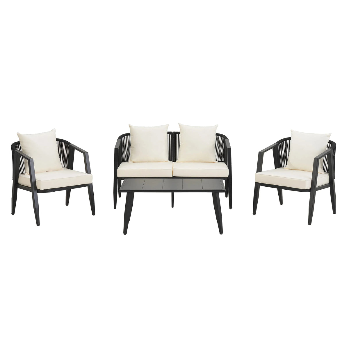 Beige outdoor patio seating set with sturdy iron frames placed on stone patio under soft sunlight.