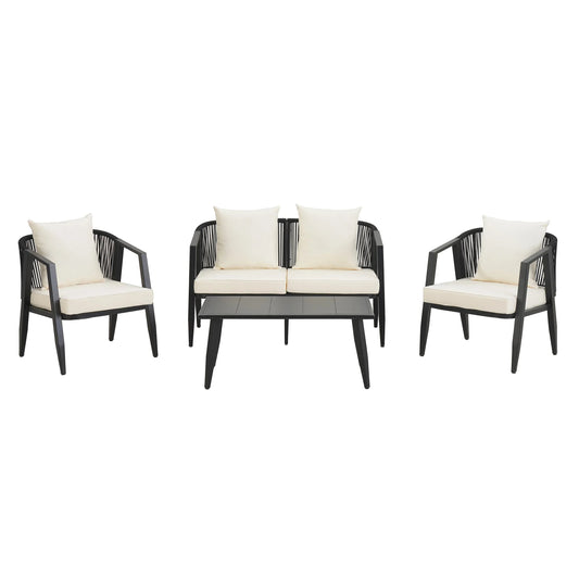 Beige outdoor patio seating set with sturdy iron frames placed on stone patio under soft sunlight.